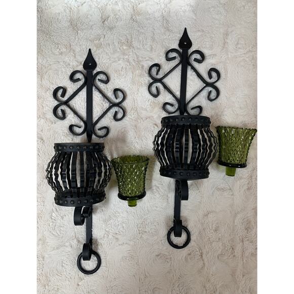 2 Beautiful Vintage Black Rod Iron Wall Sconces With Candle Holders - Picture 1 of 7
